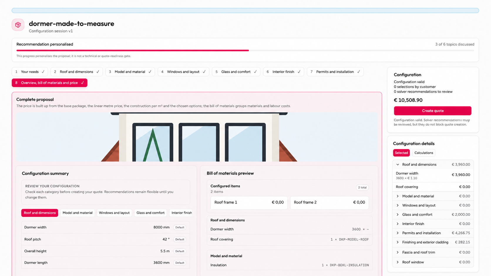 The RulePro configurator with a dormer configuration. Eight steps, a bill of materials preview and a valid configuration with a live price.