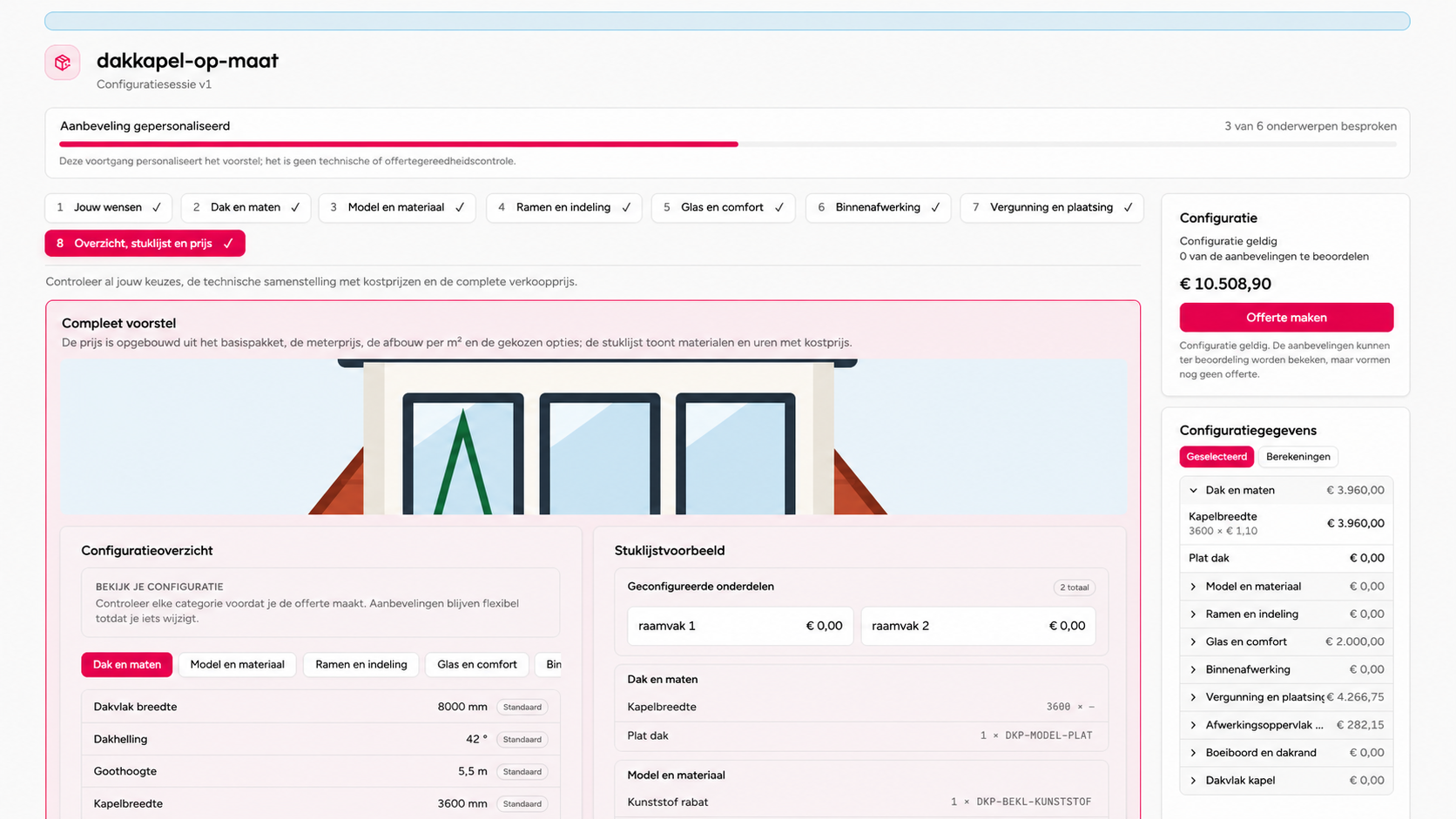 De RulePro-configurator met een dakkapelconfiguratie. Acht stappen, een stuklijstvoorbeeld en een geldige configuratie met live prijs.