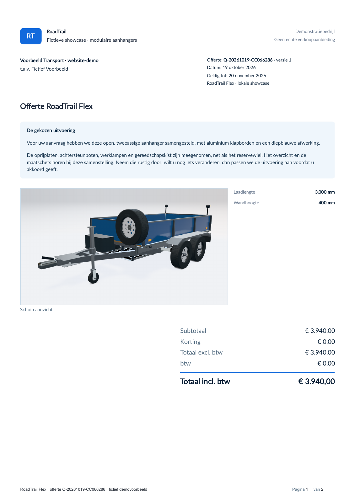 Sample quote layout with a covering note, the chosen blue trailer and the €3,940 total.
