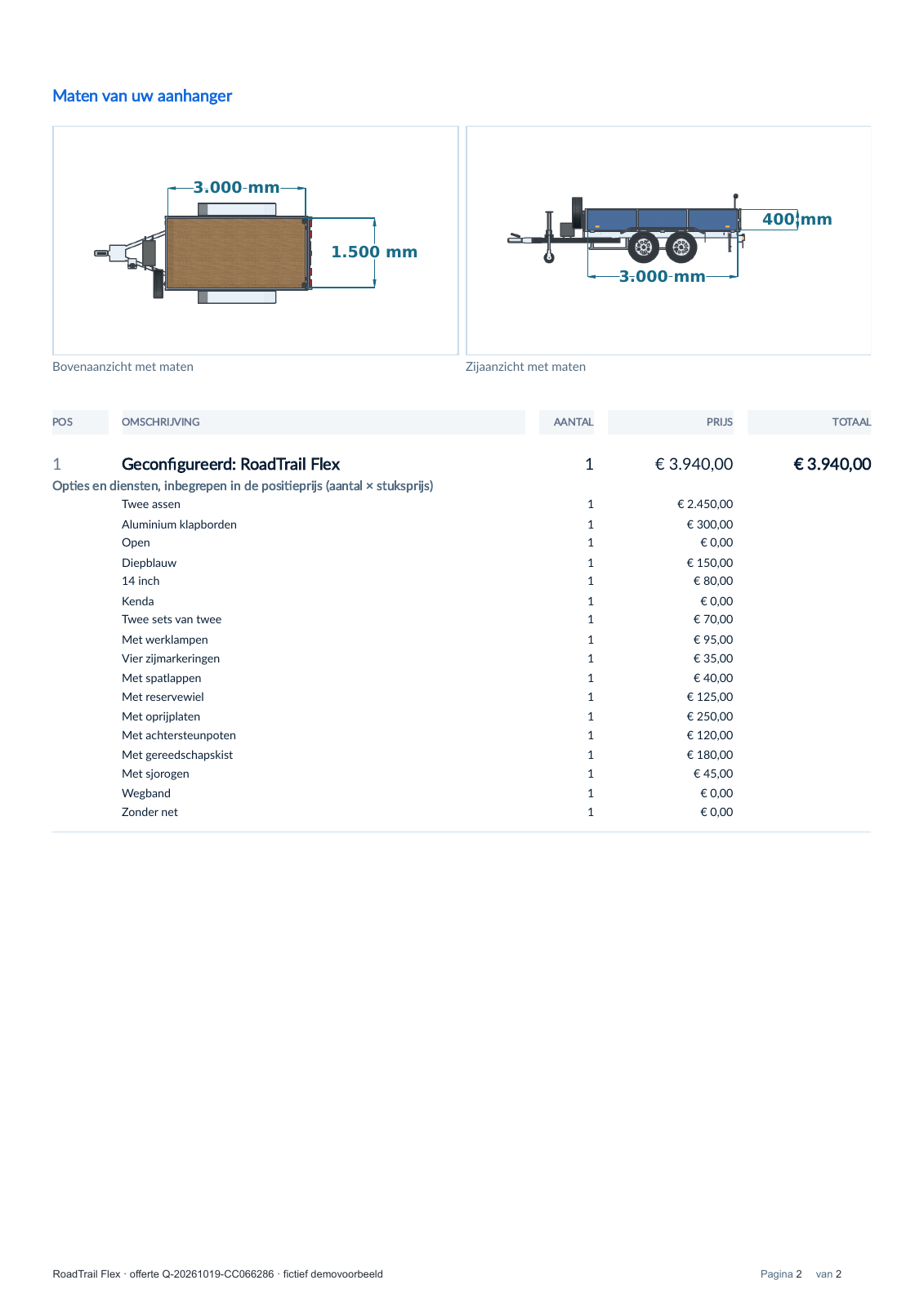 Second page of the sample layout with real top and side views, a 3,000 mm load length, 1,500 mm load floor width, 400 mm side height and the selected options.